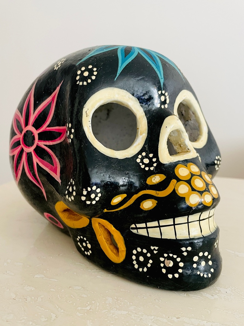 Hand Painted Handmade Folk Art Ceramic Skull Day of Dead Mexico Black Halloween